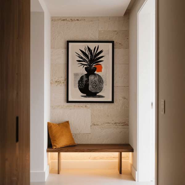 Neutral botanical wall art print with graphic leaves and grainy texture fields