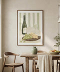 Dining room with a framed artwork of a still life scene on the wall.