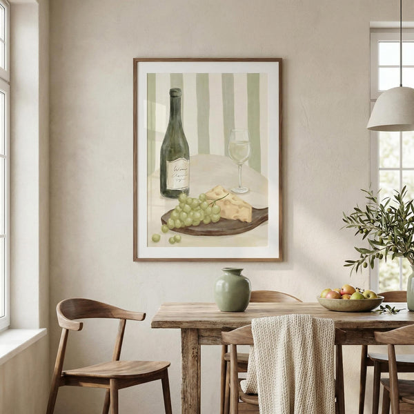 Dining room with a framed artwork of a still life scene on the wall.