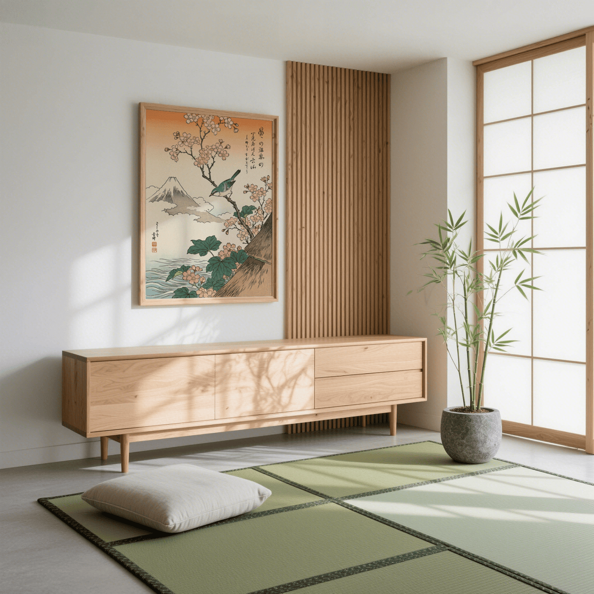 Japanese Cherry Blossom Art with Mt. Fuji and cherry blossoms, perfect wall art for lounge