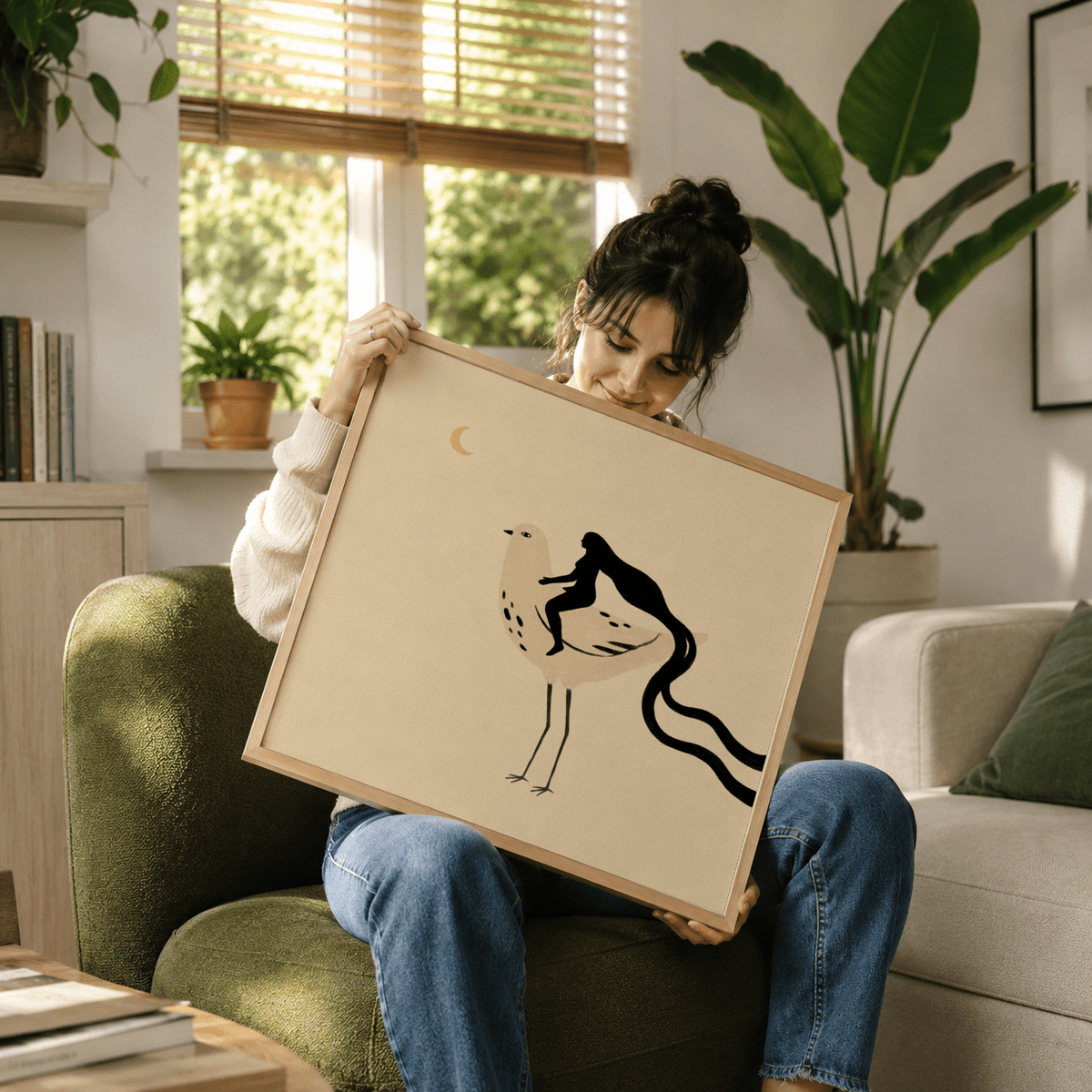 Modern poster print of tall bird with rider silhouette and small crescent moon