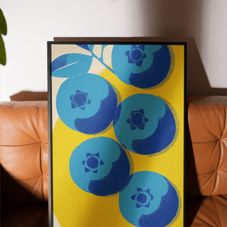 Blueberry Wall Art botanical poster in Blue and Yellow for dining room