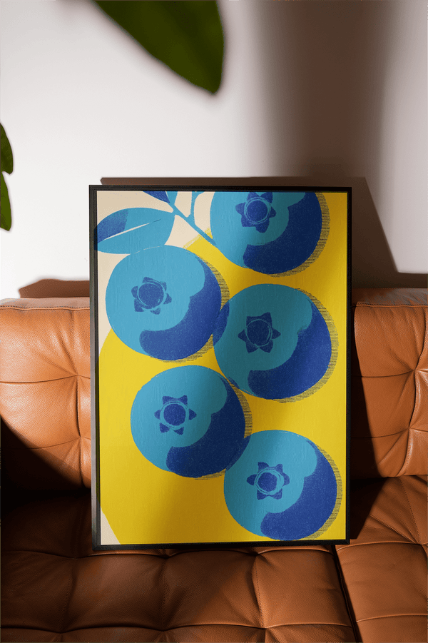 Blueberry Wall Art botanical poster in Blue and Yellow for dining room
