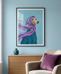 Framed artwork of a dog wearing a purple scarf in a room with a chair and dresser.