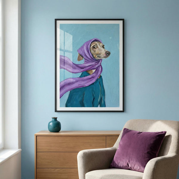 Framed artwork of a dog wearing a purple scarf in a room with a chair and dresser.