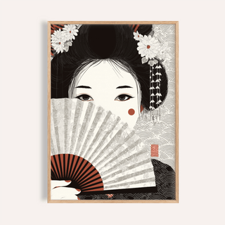 Japanese Geisha Art Print with black, white, and red for living room wall art