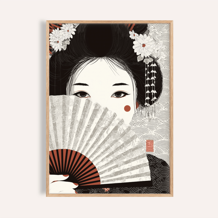 Japanese Geisha Art Print with black, white, and red for living room wall art