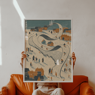 Blue, orange, and beige tones in Snow Scene Wall Art for cozy bedroom decor