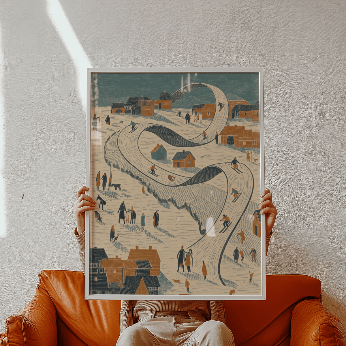 Blue, orange, and beige tones in Snow Scene Wall Art for cozy bedroom decor
