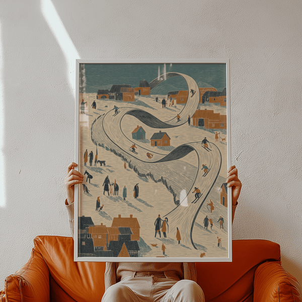 Blue, orange, and beige tones in Snow Scene Wall Art for cozy bedroom decor