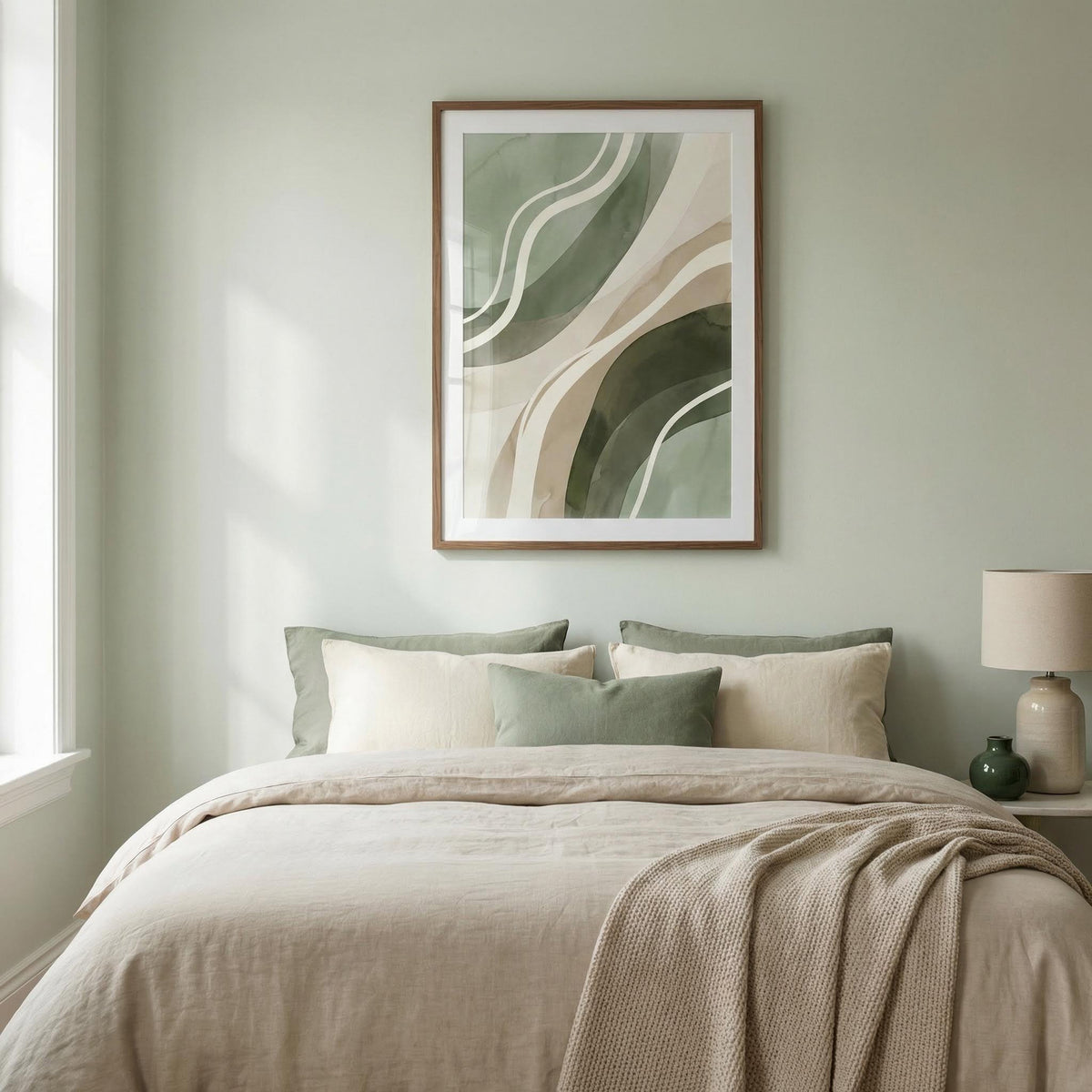 Bedroom with a bed, pillows, and a framed abstract art piece on the wall.