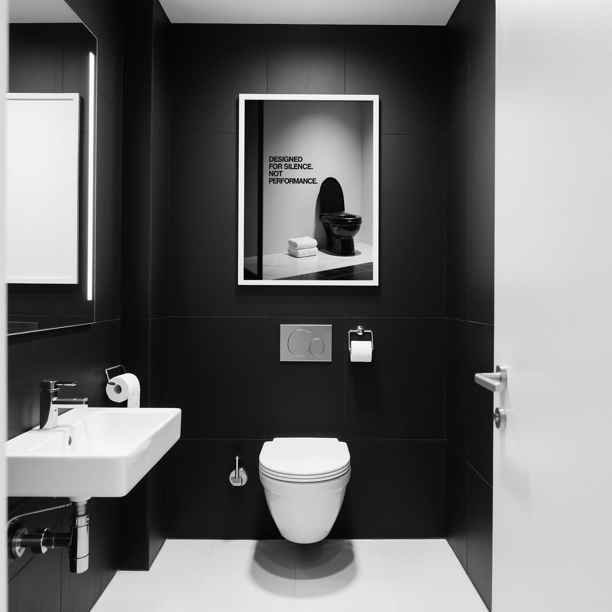 Bold Funny Toilet Wall Art beside a stack of white towels.
