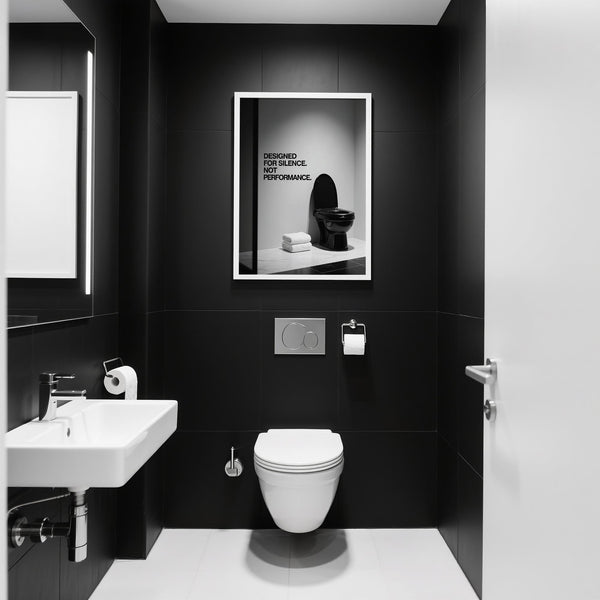 Bold Funny Toilet Wall Art beside a stack of white towels.