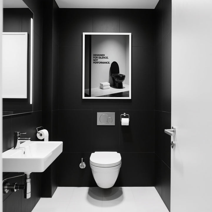 Print on a wall in a modern bathroom featuring funny toilet wall art with black tiles and white fixtures