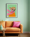 Living room with a framed artwork of a dog wearing a hijab on a green wall.