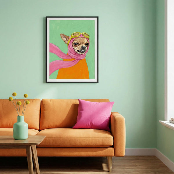 Living room with a framed artwork of a dog wearing a hijab on a green wall.