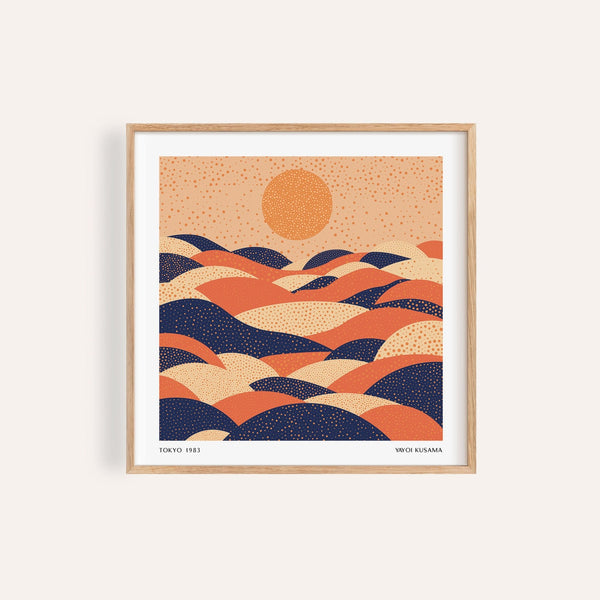 Abstract wall art colorful with navy, orange, and beige tones