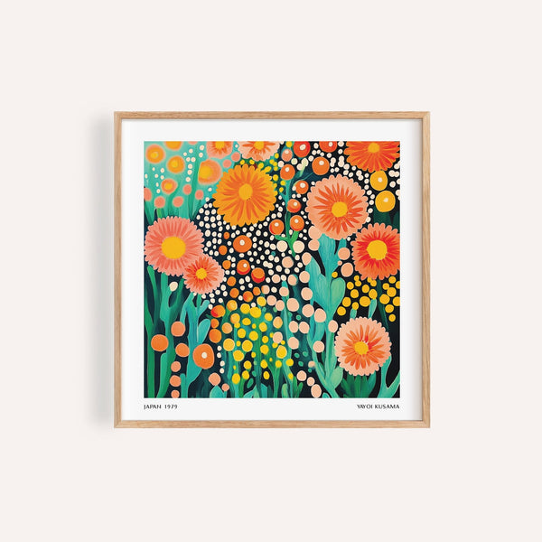 Abstract colorful flower art with orange and coral blooms for living room wall art print
