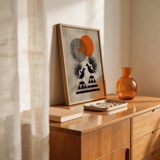 Close-up of layered orange and beige circles behind bird silhouettes