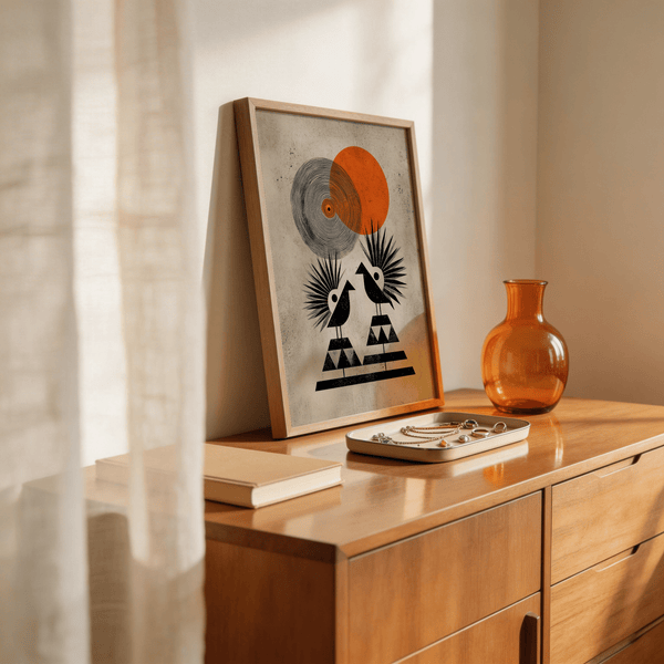 Close-up of layered orange and beige circles behind bird silhouettes