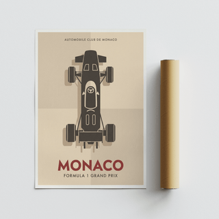 Neutral racing wall art poster with simplified single-seater car, wing shapes, and crisp graphic lines