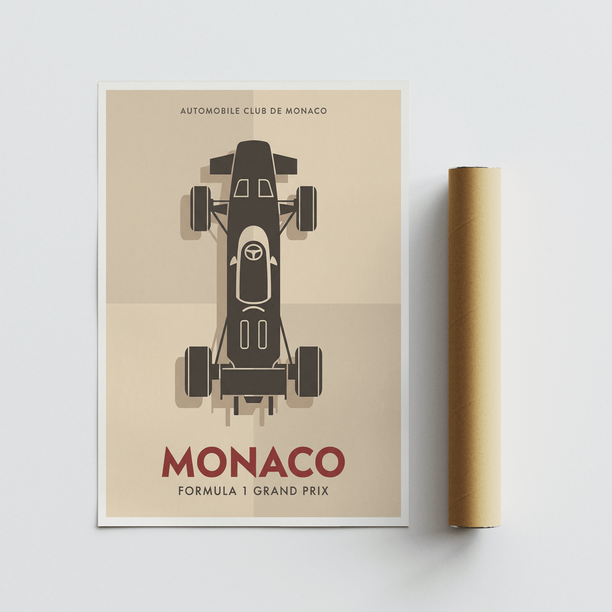 Neutral racing wall art poster with simplified single-seater car, wing shapes, and crisp graphic lines