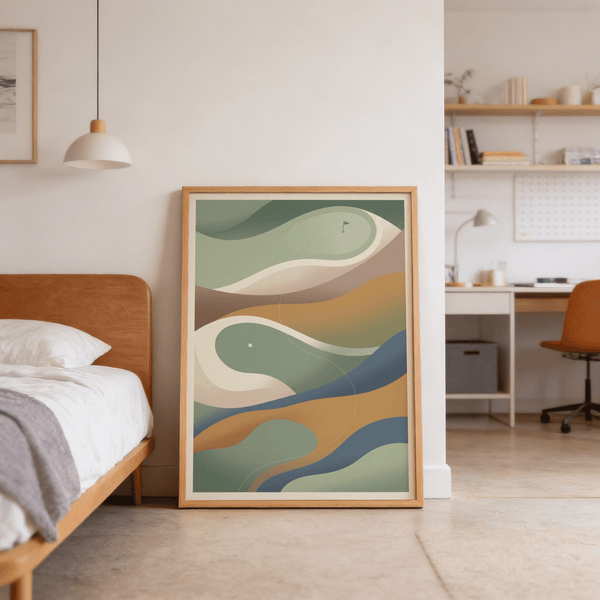 Curving green-like bands poster print with golf ball icon and pin flag