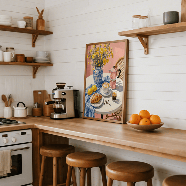 Floral Kitchen Decor featuring blue vase and yellow flowers for a kitchen poster