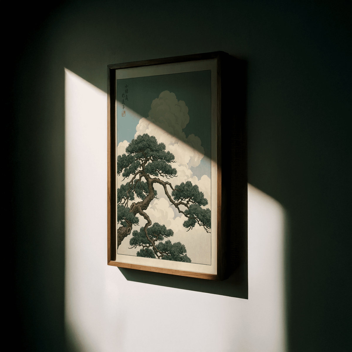 Japanese Landscape Poster art print with blue sky and soft beige for home office