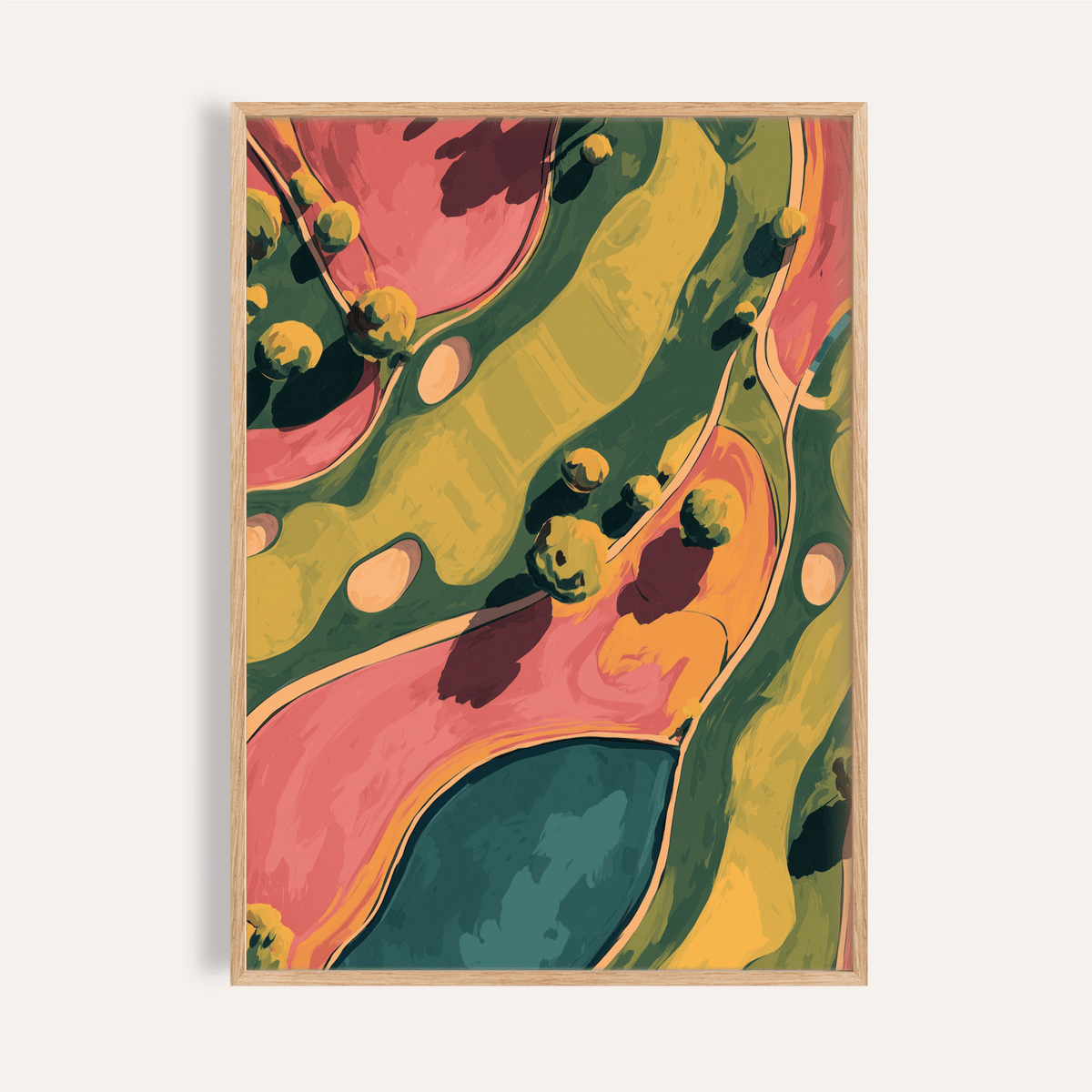 Aerial golf course wall art poster with winding fairways and sand bunkers