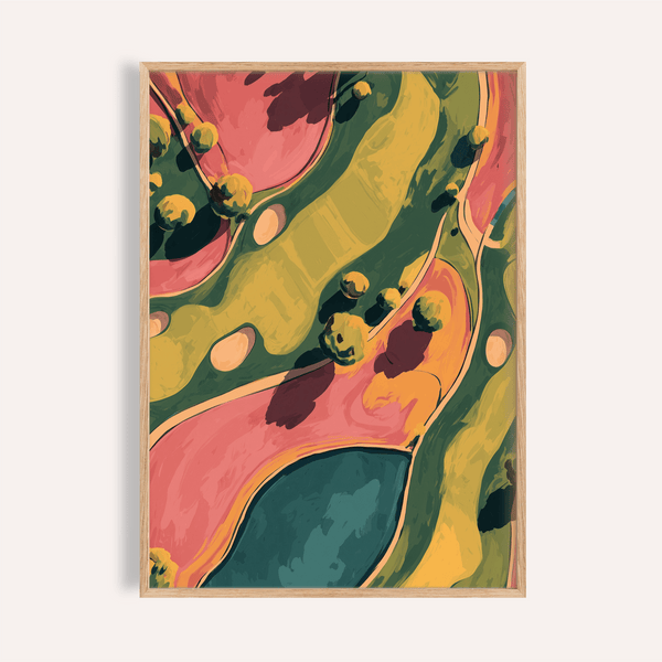 Aerial golf course wall art poster with winding fairways and sand bunkers