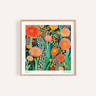 Flowers print of orange and pink flowers in an abstract botanical style in a wooden frame