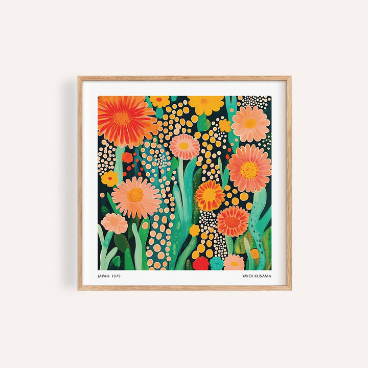 Bright orange and yellow flowers print on navy background for living room wall art