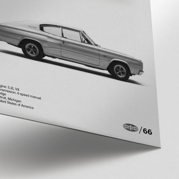 White and gray Dodge Charger Art Print designed for modern living rooms