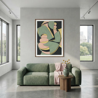 Modern living room with a green sofa, abstract art on the wall, and a small table with decor items.