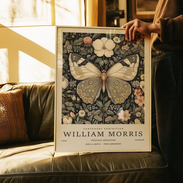 Butterfly posters featuring a vintage-style butterfly surrounded by botanical florals.