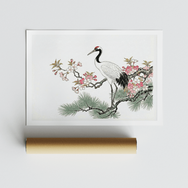 Soft Green and Pink crane poster print with blossoms and pine needles on branch