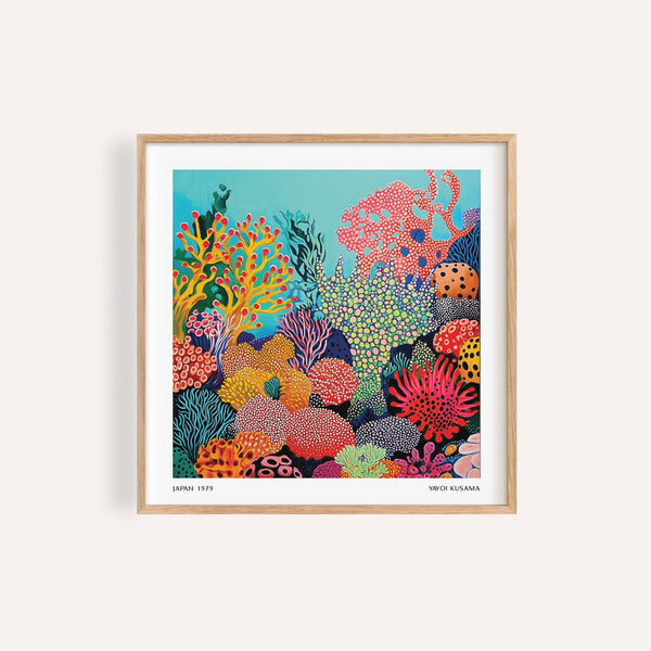 Bright tropical sea wall art featuring yellow and red coral forms for living room
