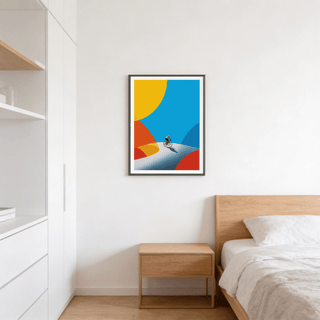 Graphic cycling wall art print showing a rider on a curved path with overlapping semicircle forms