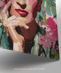 Feminine Frida Kahlo portrait for sale with deep pinks and layered paint.