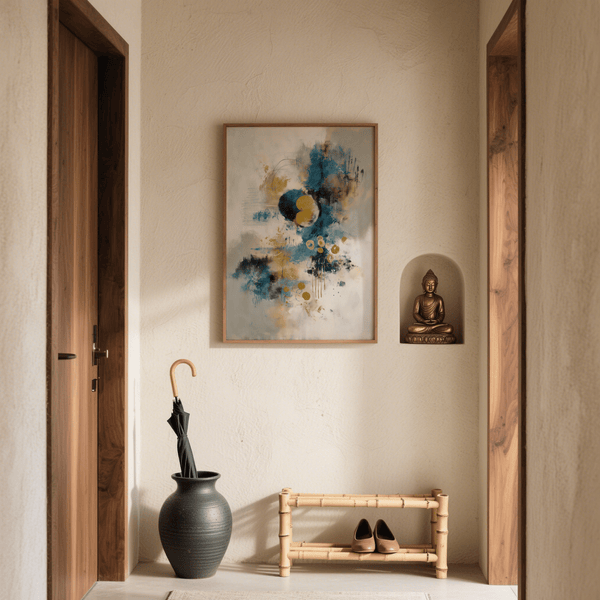 Vertical Abstract Blue Gold Wall Art poster with blue, gold accents and beige, ideal for den