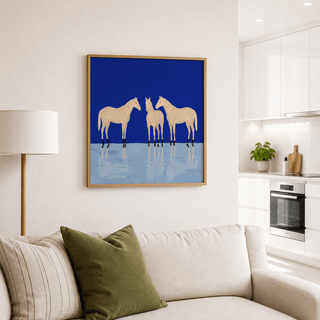 Modern Abstract Horse Poster featuring three pale horses with crisp outlines and reflections