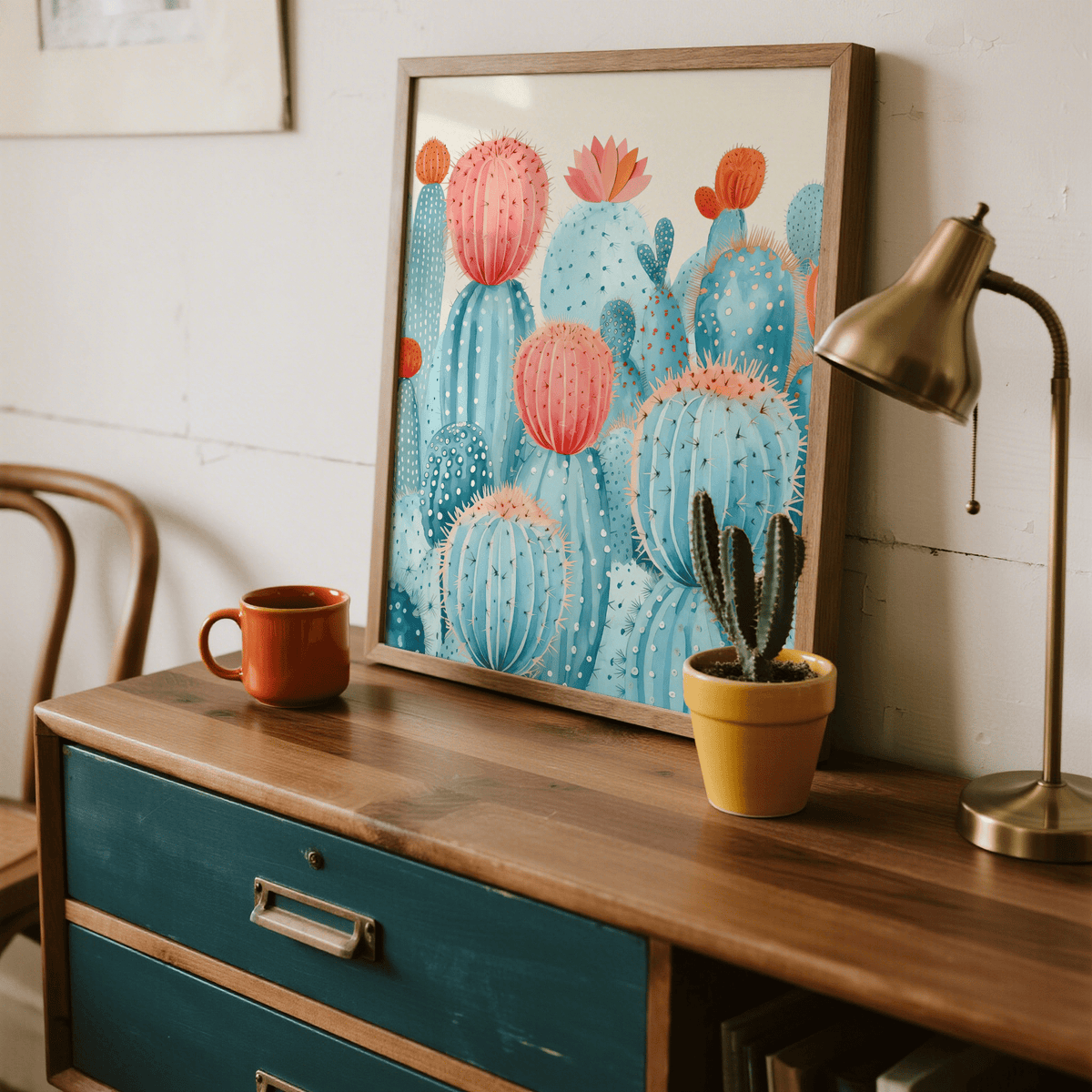 Blue and Pink Colorful Cactus Print wall art for bedroom décor