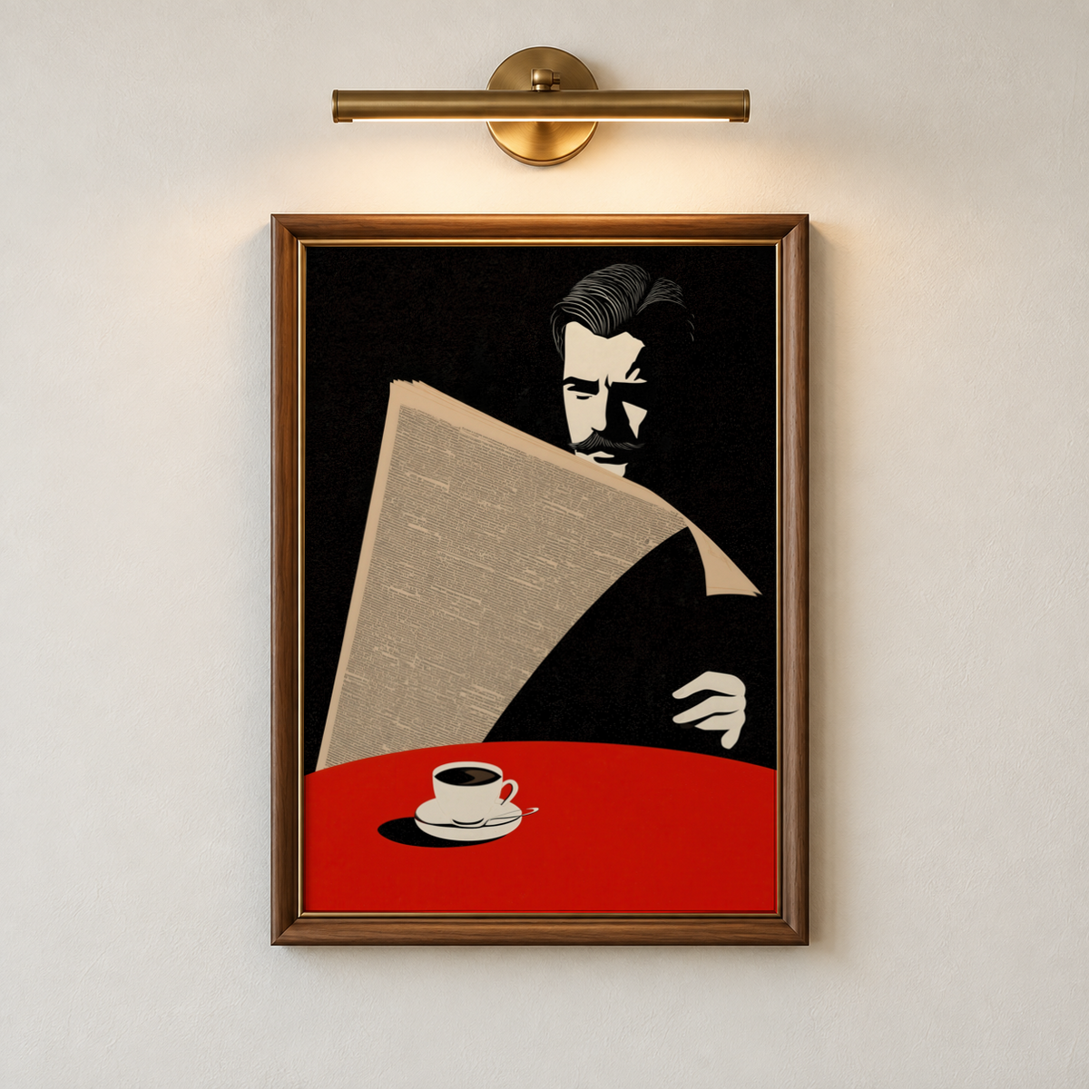 Close-up poster print showing a man behind a newspaper with dense text and sharp graphic shadows