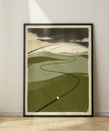 Minimalist golf landscape print with layered hills and curved fairway line