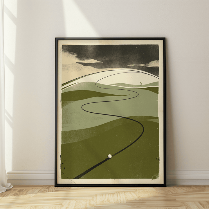 Framed Golf Course Art Print with minimalist retro style in muted green tones leaning on a wooden floor