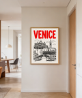 Travel-themed Venice poster featuring domed cathedral, long arcade building, and clouds