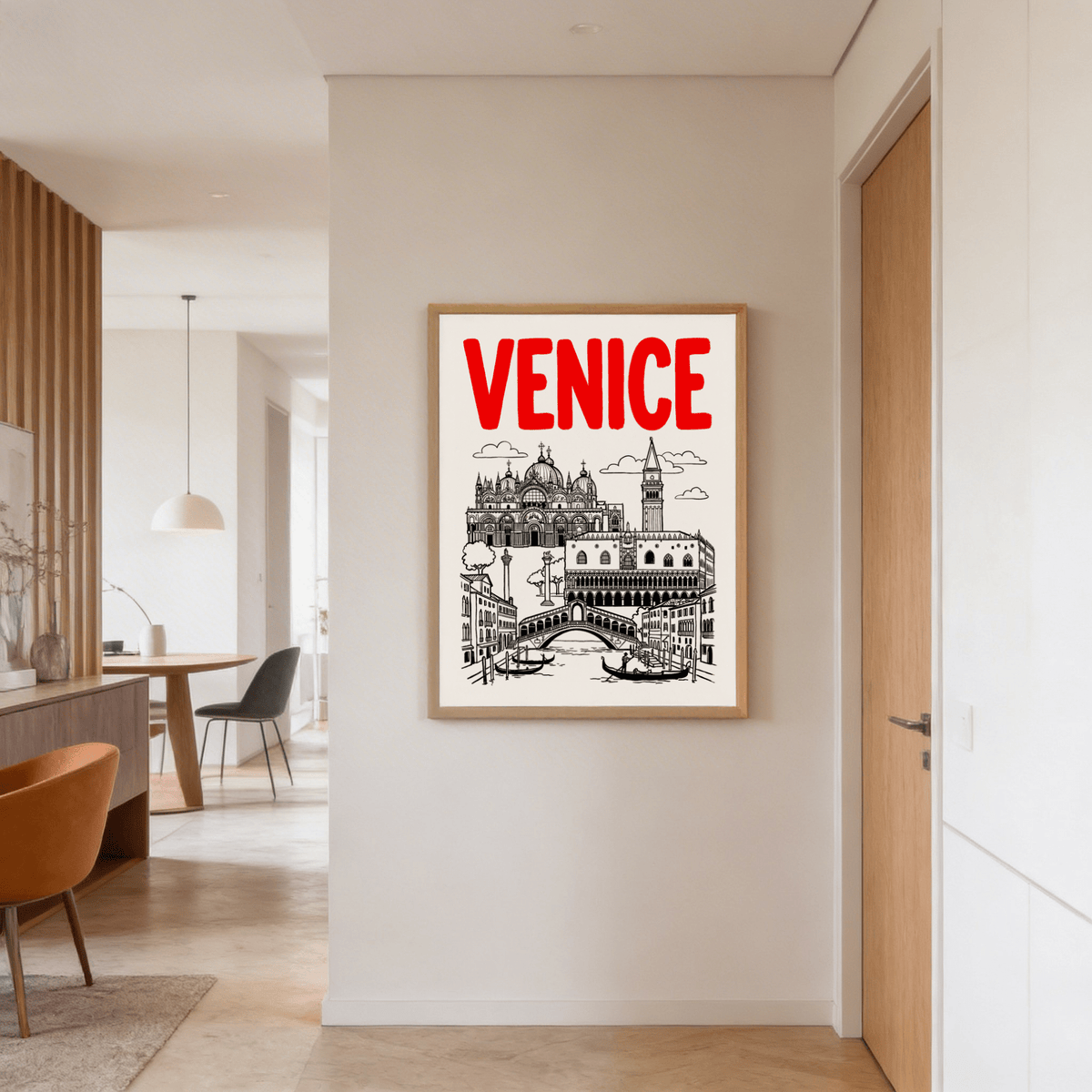 Travel-themed Venice poster featuring domed cathedral, long arcade building, and clouds