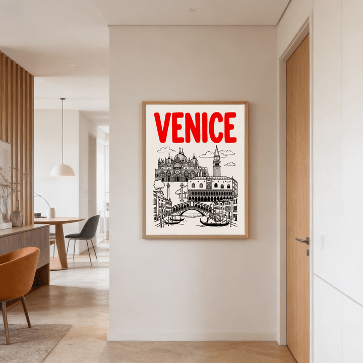 Venice Landmark Art Print in black and red line art hanging in a pale hallway next to a wooden door