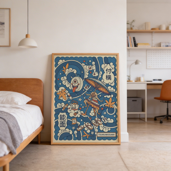 Zoomed poster print highlighting Japanese text blocks and curved wave outlines